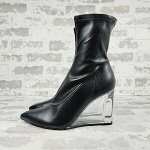 NEW Open Edit Black Leather Ederika Clear Wedge Pointy Toe Ankle Boots A683